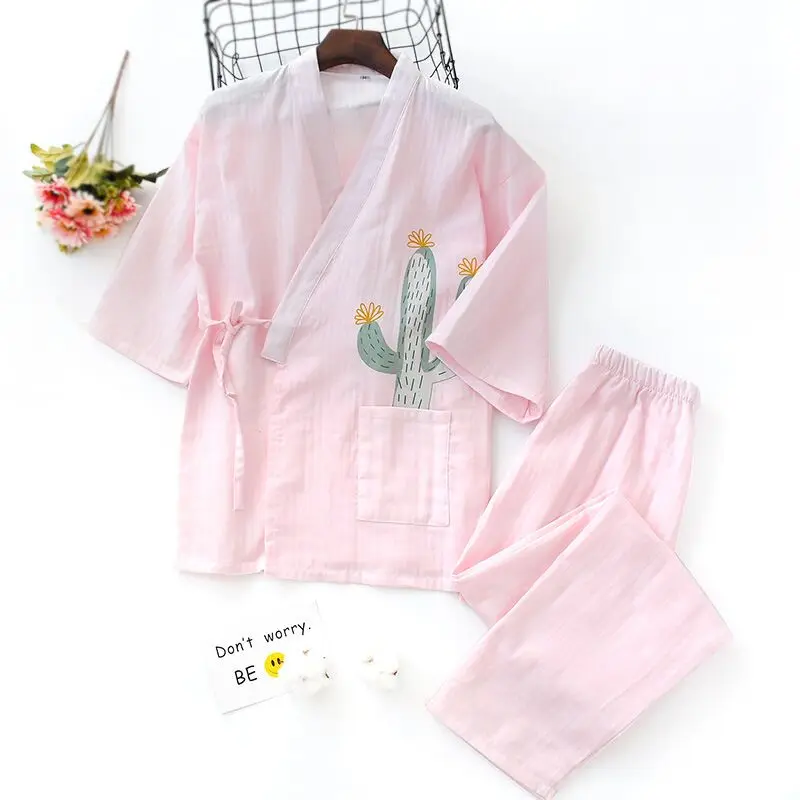 

Lovely Cactus 100% Gauze Cotton Pyjamas Women Summer Thin Sleepwear Japanese Kimono Pajamas Sets Homewear Bathrobe Bedgown