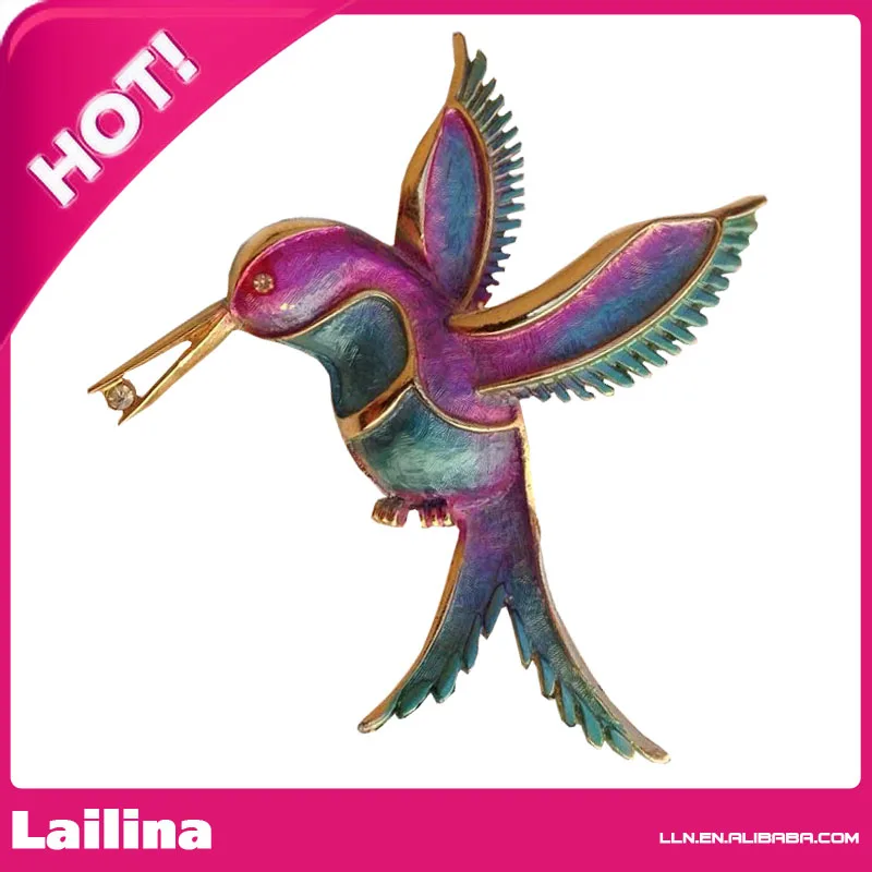 

Vintage Multi-colored Enamel with Rhinestone in Beak Hummingbird Brooch Pin