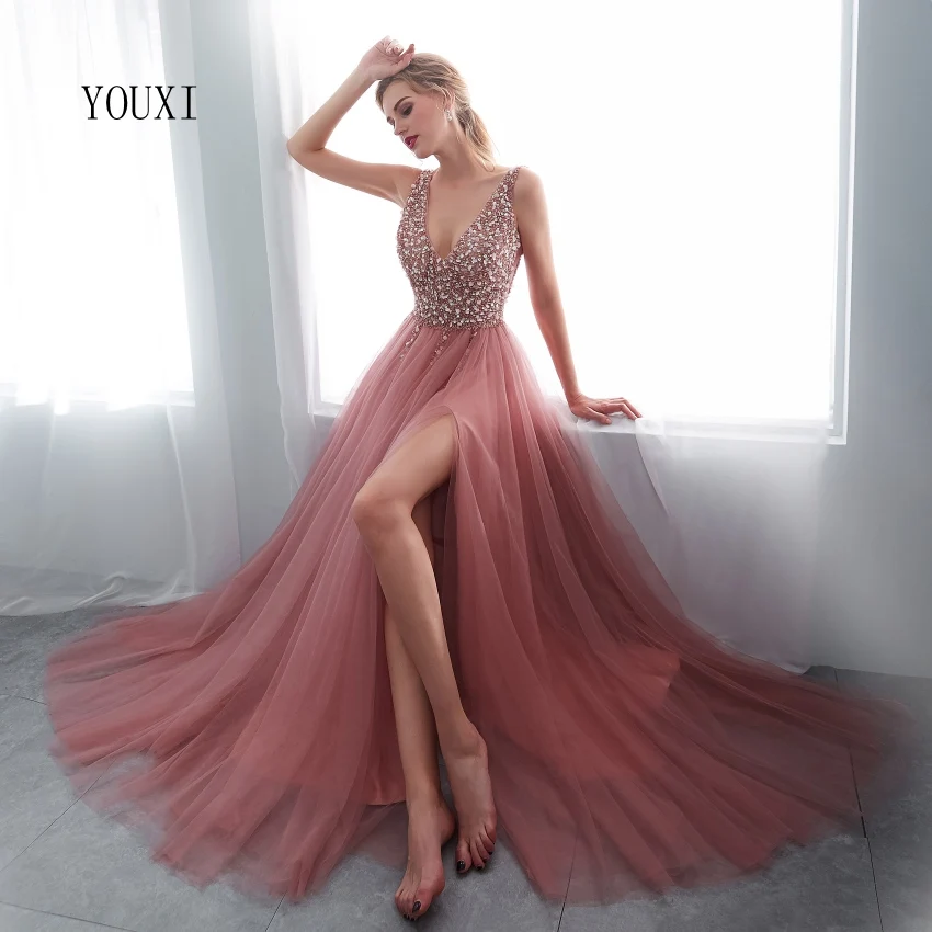 Вечернее платье с бисером,, v-образный вырез, розовый цвет, высокий разрез, тюль, шлейф, без рукавов, платье для выпускного вечера, ТРАПЕЦИЕВИДНОЕ, на шнуровке, с открытой спиной, Vestido De