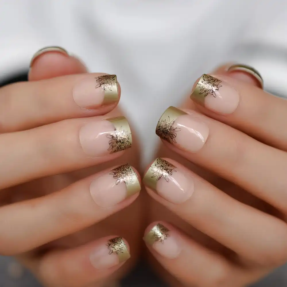 Pattern French Nails Nude Square Short Nails Gold Flower Texture Nail Modern Uv Gel Acrylic Tips False Nails Aliexpress