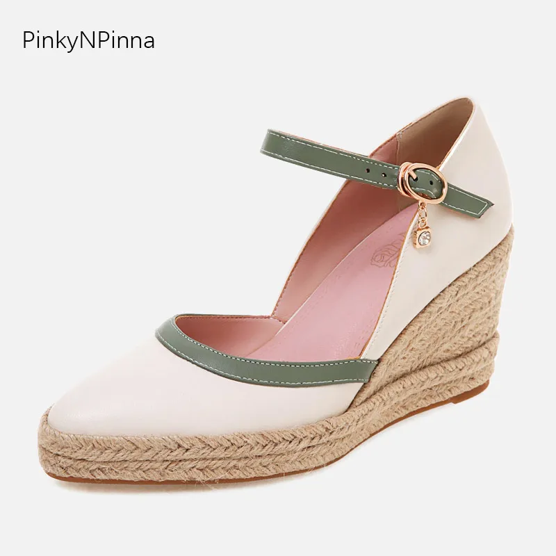 

Cute women preppy style super high wedges pumps pointed toe hemp platform heels handmade retro casual party shoes big size 43