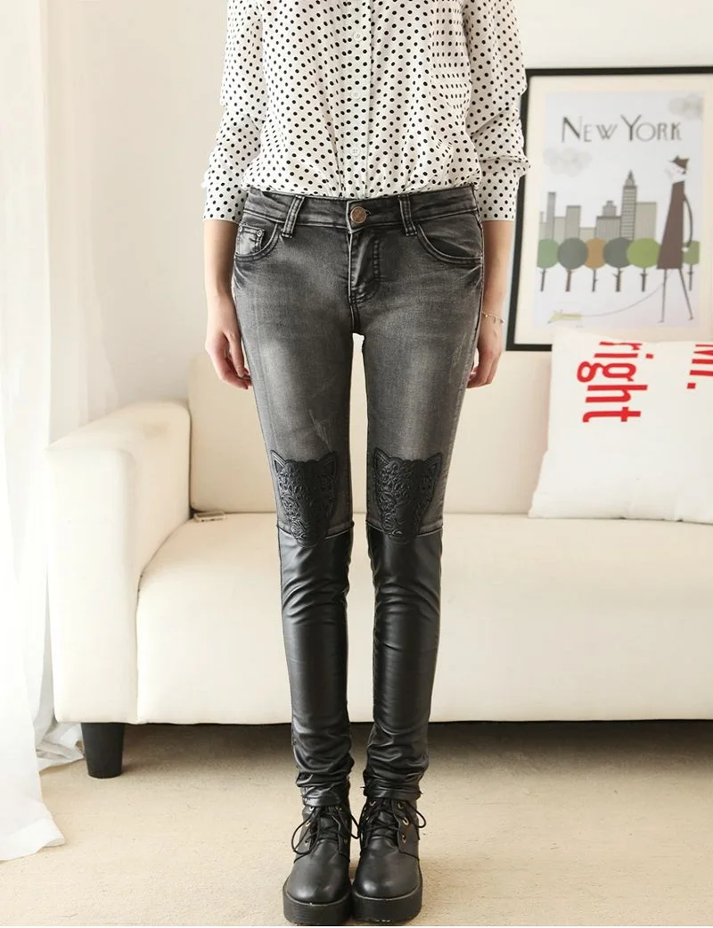 

2017 Autumn winter new arrival womens fashion trend stylish PU leather spliced leopard head patchwork low waist denim jeans pant