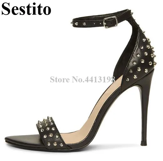 

Fashion New Rivet Ankle Strap Buckle Ladies Shoes Peep Toe High Stiletto Heel Sandals Solid Black Cover Heel Summer Women Shoes