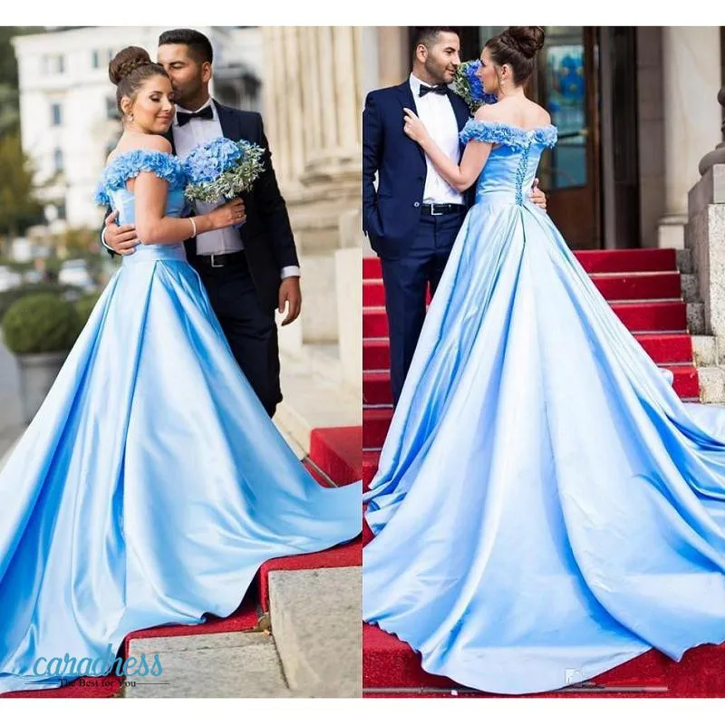 light blue off shoulder prom dress