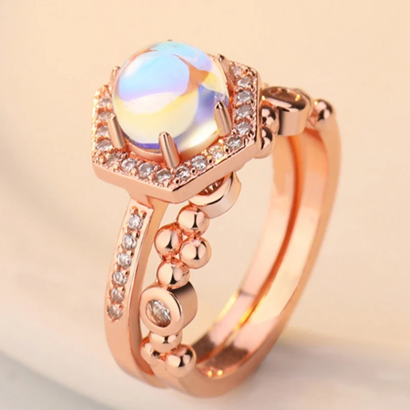 2 шт./компл. лунный камень кольцо для Для женщин розового золота Обручение кольцо Модный свадебный Кристалл кольцо изящные свадебные украшения