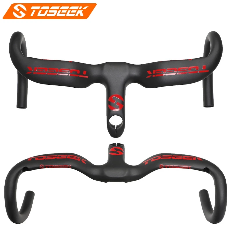

TOSEEK Super Light Full UD Carbon Integrated Road Bicycle Handlebar Bike Parts Cycling Bent Bar Drop Bar With Stem Matte Red