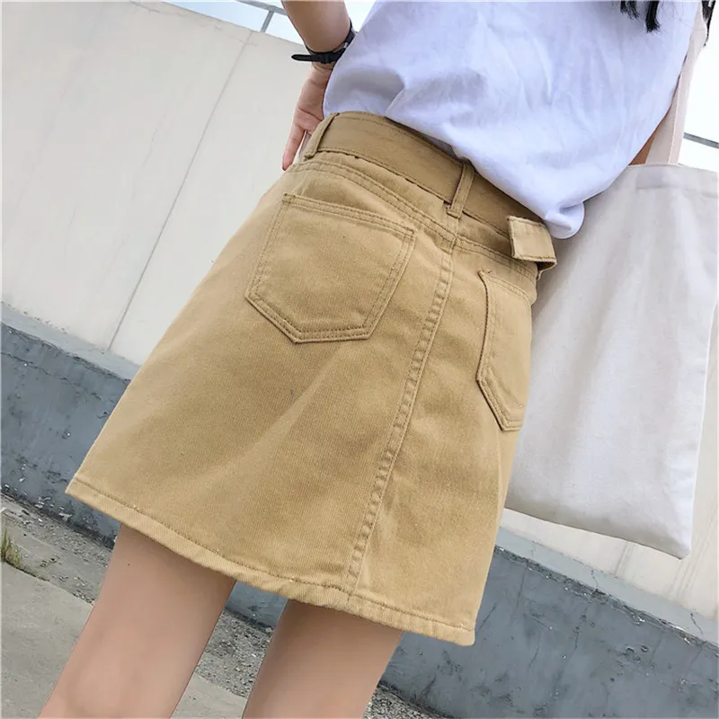 

Women A-line Pencil Jeans Skirt Front Button High Waist Small Pockets Denim Skirt Harajuku Plus Size Mini Clothes 2019 Okq313