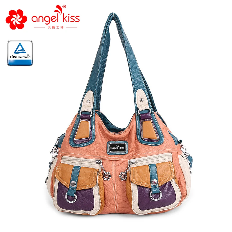 

Angelkiss Hot Selling Large Double Zipper Multi Pocket Shoulder Bags Washed PU Leather Purses Tote Bags Women Handbags for Ladie