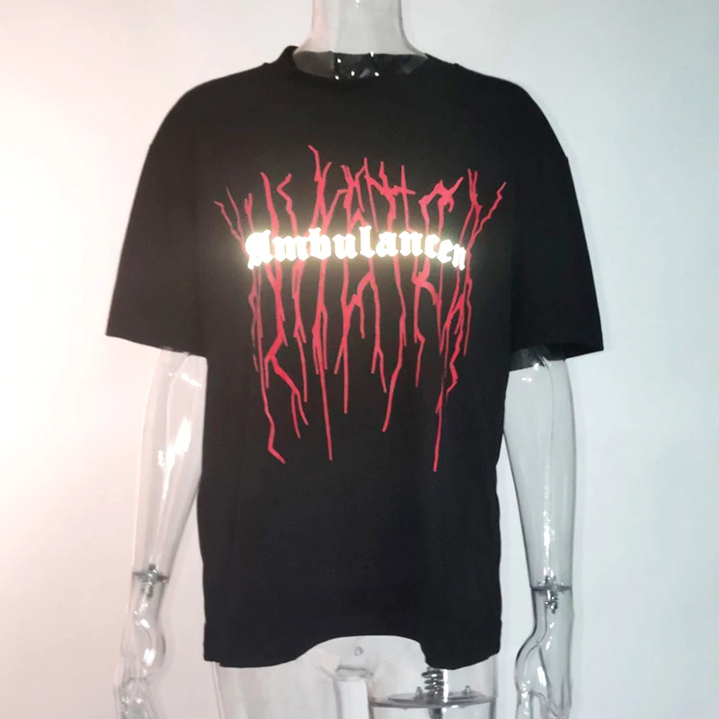 Готические черные свободные футболки, светоотражающие буквы, принт гранж Харадзюку, Женская длинная футболка, модная панк уличная хлопковая летняя футболка