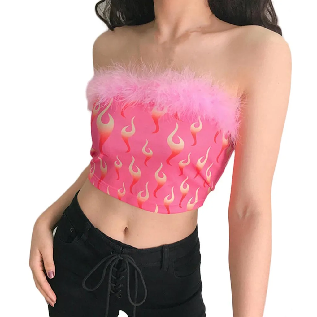 

Feitong Hotly Selling Sexy Women Tank Top Summer Women Fire Print Tank Top Sexy Fluff Bralet Buckle Tube Top Vest Cami 2019