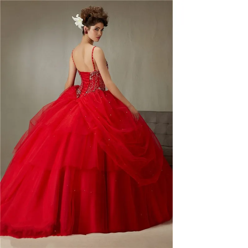 Горячая распродажа пышное платье бретельках красный тюль бальное платье на заказ бисера блестками складки Vestidos 15 Anos Q1020