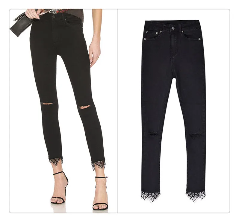 European and American women's wear high waist slender body elastic wash knees broken holes jeans nine trouser leg stitching lace super popular (5)