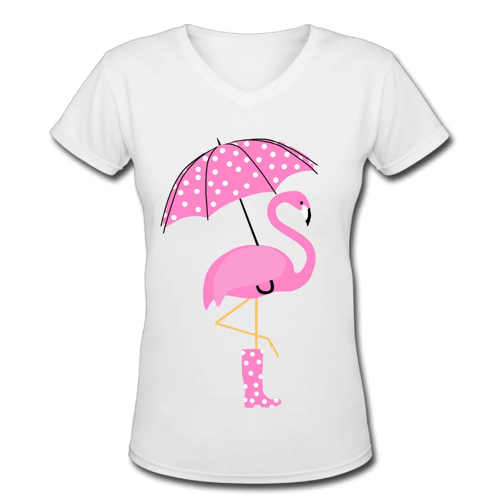 Flamingo With boots Ladies T Shirts Umbrella V Neck Women Tops Cotton