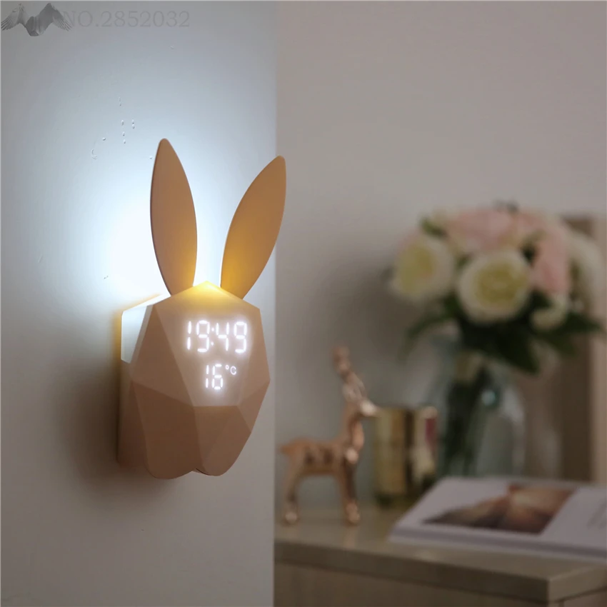 

LFH Lovely Night Lights Alarm Clock Thermometer Calendar Rabbit Ears Rechargeable Voice Control Night Lamp Baby Kids Bedroom