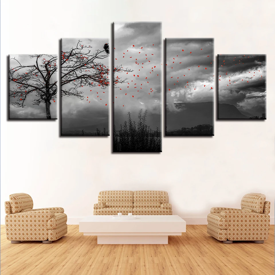 

Black And White Picture Printing Decor Wall Art 5 Pieces Flowers Flying In The Sky And Tree Bird Scenery Modular Canvas Painting