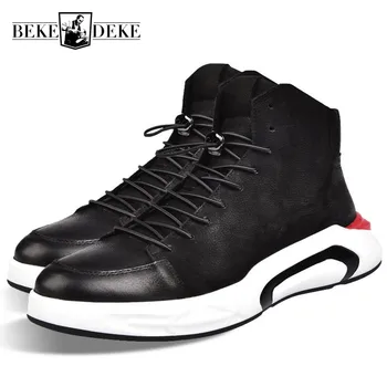 

Men Black Casual Shoes Lace Up Round Toe Genuine Leather Male Footwear Students Breathable Zapatos 2019 New Brand High Top Shoes