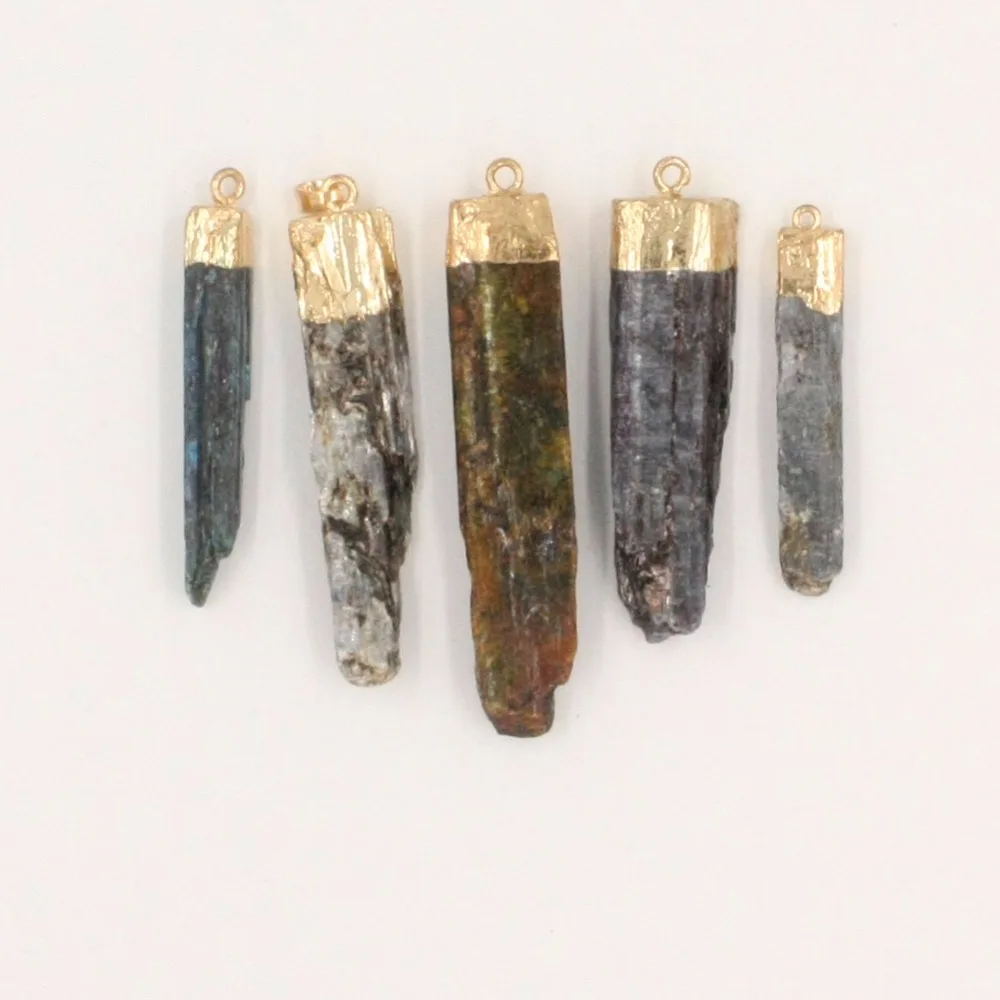 

Druzy 3pcs Nature Kyanite Bar Gem stone Pendant Beads, Gold Color Blue Kyanite Druzy Pendants Black Rope For Jewelry Making