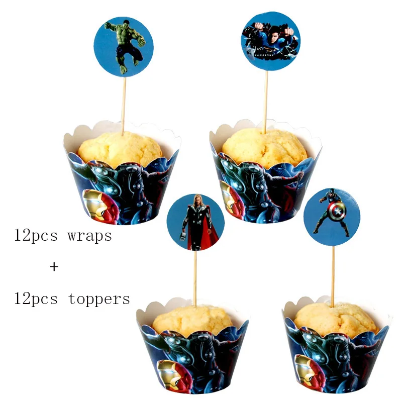Мультфильм Мстители вечерние одноразовые посуда бумажные тарелки салфетки флаг чашки детская игрушка в ванную день рождения принадлежности и украшения - Цвет: 12pc wrap 12 topper