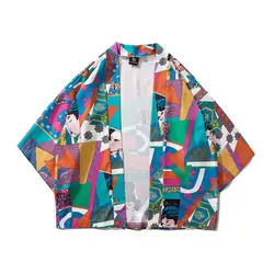 Мужские пальто и куртки японские кимоно с принтом Открыть стежка пальто Повседневное свободные рукава три четверти Легкая куртка YT5060