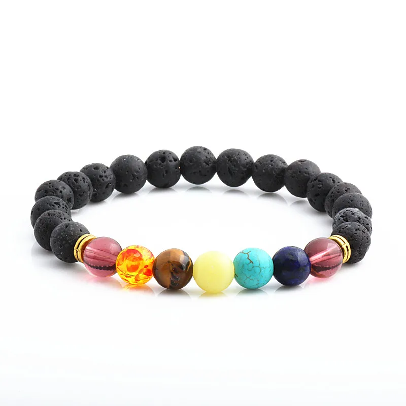

Again Jewel Black Lava Rock 8mm Beads 7 Chakra Healing Balance Bracelet for Men Women Reiki Prayer Stone Yoga Chakra Bracelet