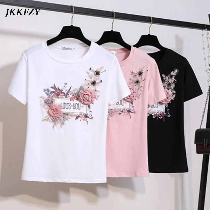 

2019 Summer O-Neck Short Sleeve T-Shirt Animal And Flower Decal Decoration Pullover T-Shirt Sweet Girl Casual Tops