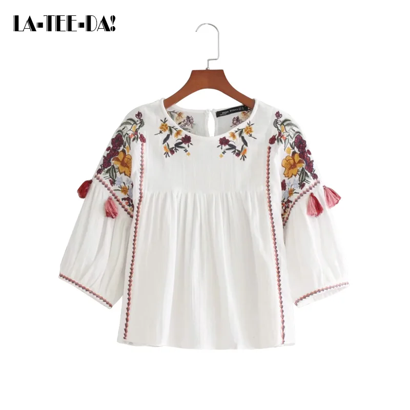 

La-Tee-Da!08 elyq New Embroidery Blouses Women Embroidery Shirts Lady Fashion Casual Tassel Blouses Female O-Neck Loose Vestidos