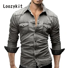 LOOZYKIT Мужская джинсовая рубашка с длинным рукавом и отложным воротником с карманом, Повседневная Уличная мужская хлопковая рубашка camisa hombre