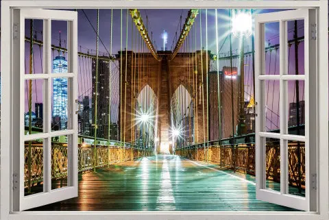 3D Window View European Brooklyn Bridge Wall Decal Sticker Frame Mural Effect Home Decor Bedroom Living Room Kitchen | Дом и сад