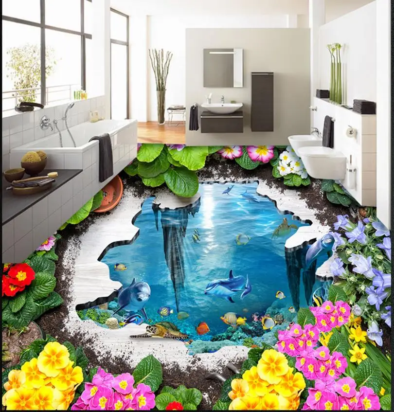 Custom 3d floor vinyl 3d ocean gardens floor wallpaper waterproof self-adheiver 3D stereoscopic floor wallpaper
