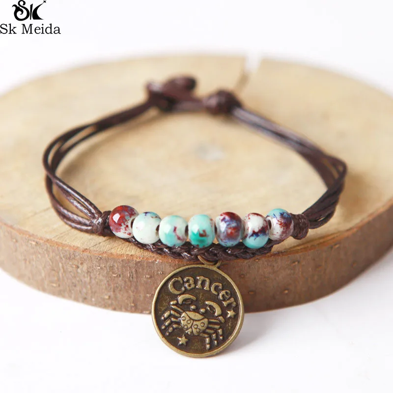 

Ceramic Beaded Charm Bracelet Wax Rope Bracelet Bangle With Constellation Pendant Zodiac Astrological Sign Horoscope E-116