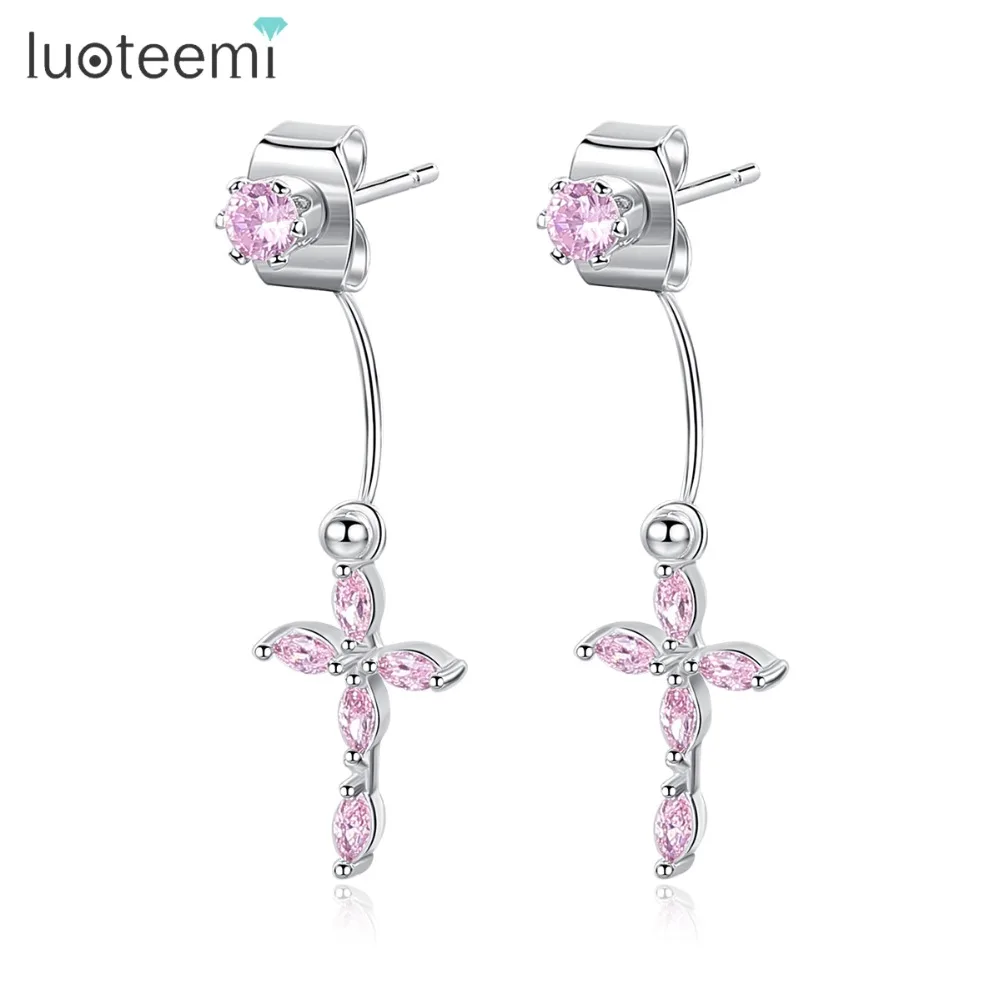 

LUOTEEMI New Design Cross Drop Earrings for Women Party Wedding Luxury CZ Exquisite Double Color Boucle D'Oreille Christmas Gift