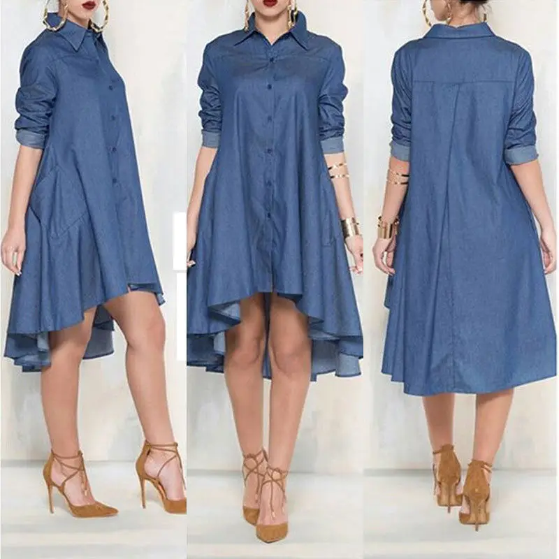 

Women Casual Loose Long Sleeve Denim Jeans Blouse Shirts Sundress Short Mini Cocktail Party Clubwear Outfits Shirts Top