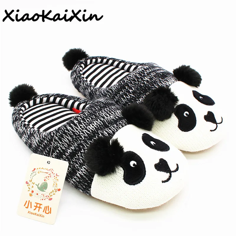 XiaoKaiXin/зимние теплые тапочки с милым животным пандой; домашние тапочки для мужчин, женщин и детей; нескользящая домашняя обувь из трикотажного хлопка и резины - Цвет: Panda