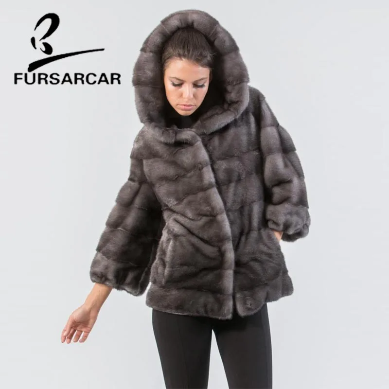 FURSARCAR реального норки пальто для Для женщин регулярные Длинные Тип с капюшоном зимняя норковая шуба из натуральной кожи с мехом норки
