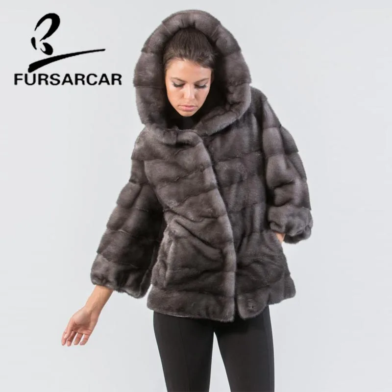 

FURSARCAR Real Mink Fur Coats For Women Regular Long Type Hooded Winter Mink Fur Coat Natural Genuine Leather Mink Fur Coat