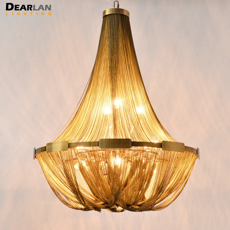 French Empire Chain Chandelier Light Fixture Long Bronze Color Chain