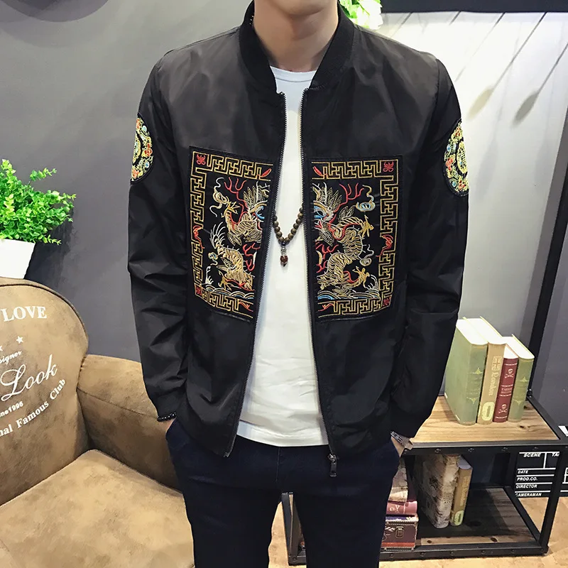 Spring Men Bomber Jacket New Chinese Embroidery Fashion Jackets Men Slim Fit Long Sleeve Men Casual Coats Windbreaker 5XL-M