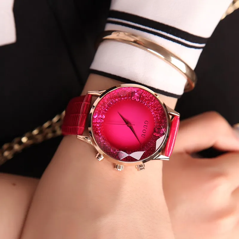 Goedkoop HK GUOU Merk Quartz Lady Horloge Strass Waterdicht vrouwen Horloge Lederen Upscale Grote Wijzerplaat Luxe Gift Horloges