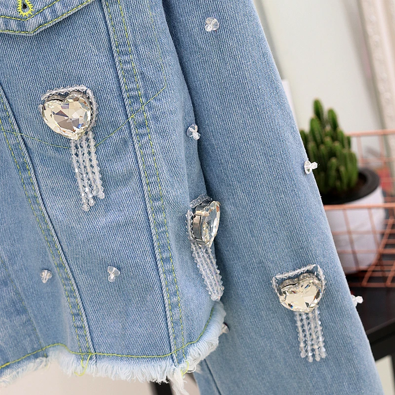 Vestes Denim Grand Court Burr Bleu Automne Printemps Gland Veste Clair Manteau Femmes Dame Amour Ourlet 2018 Strass Fille SqBtTvxwEw