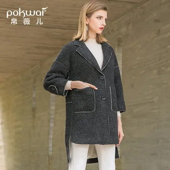 

POKWAI Short Woolen Coat Female Winter New Hem Split Irregular Loose Wool Coat
