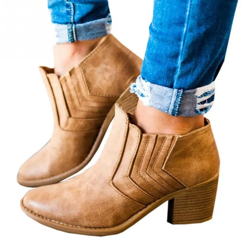 

2018 Autumn Winter Women Boots New Fashion Casual Ladies PU Leather Short Boots Female Vintage Slip-on Middle Heeled Snow Boots