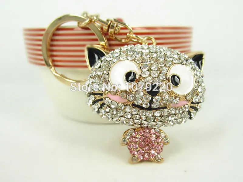 Big Head Cat Keychain Keyring Rhinestone Crystal Charm Pendant Key Bag