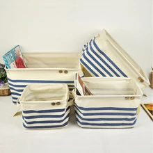 Милая синяя полоса бежевого холста матерчатая корзина для мусора коробка корзина, складные книжные мелочи стол хранения Органайзер держатель с ручкой