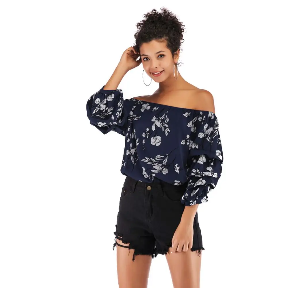 VZFF 2019 spring women's one-piece collar off-the-shoulder tube top chiffon shirt printing pile of sleeves shirt women