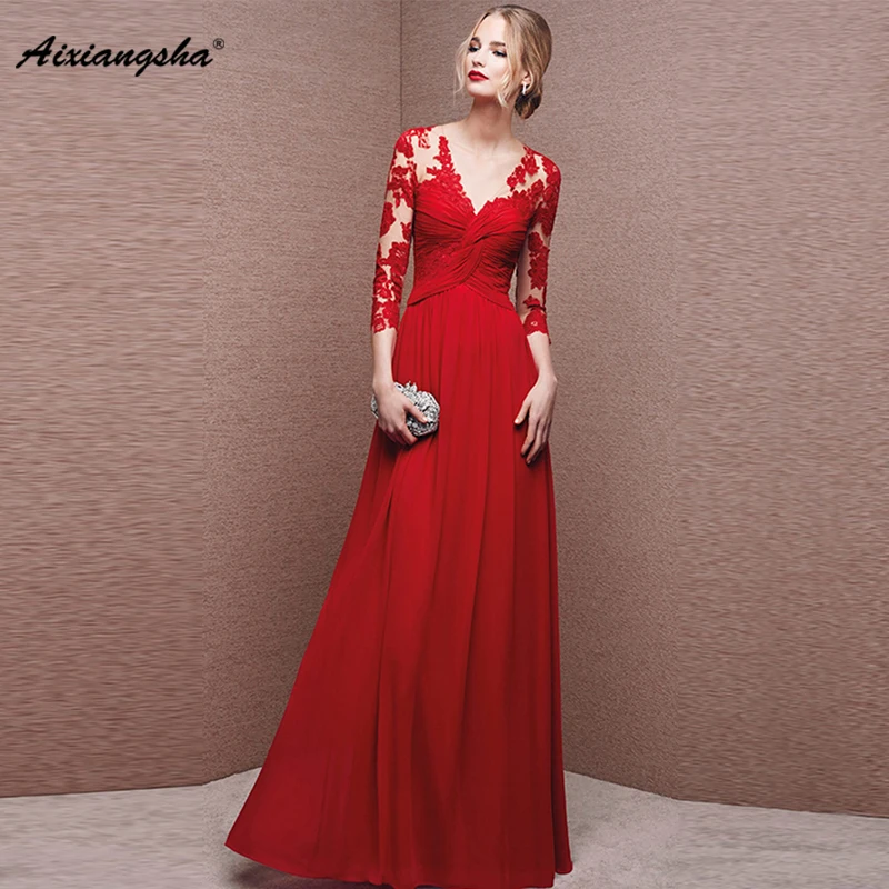 Long Evening Dresses 2018 Sexy Red V-Neck Plus Size Elegant robe Party Gown A-Line Lace Appliques Plus Size vestido de festa