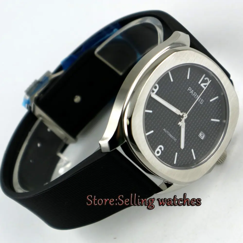 

Parnis 40mm square case black dial luminous rubber strap 21 jewels MIYOTA Automatic movement Men's watch men