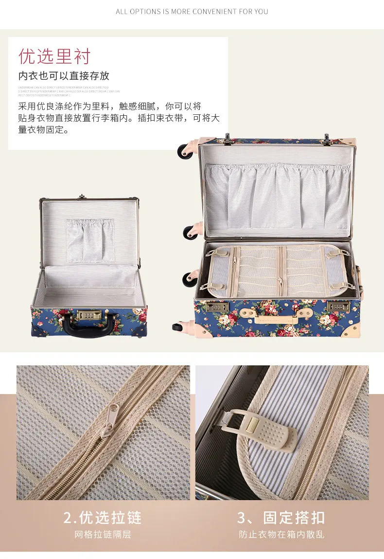 Женский винтажный Дорожный чемодан с цветочным рисунком, Композитный Водонепроницаемый тканевый багажное универсальное колесо, чемодан