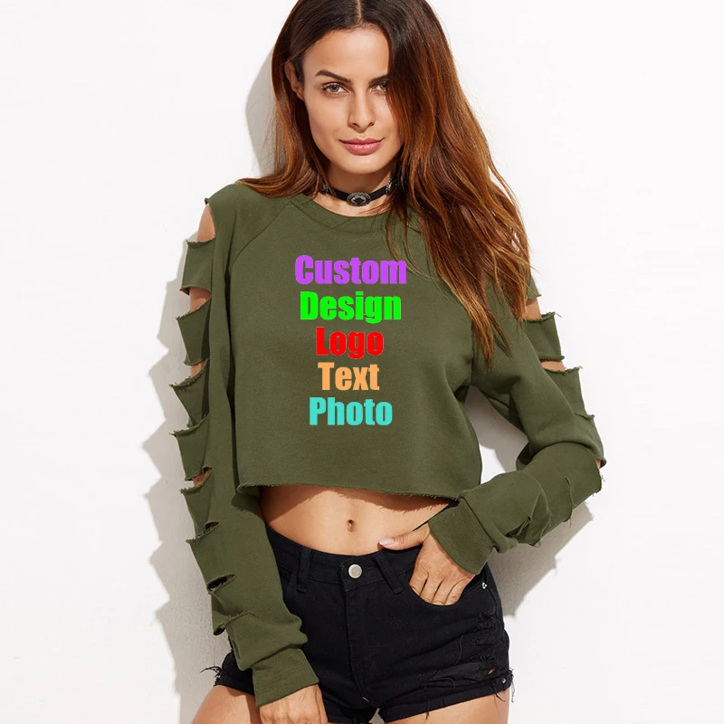 

Sexy Army Green Hallow Out Holes Women Punk Solid Sweatshirt O Neck Cut Custom Made Logo Photo Text Printed Lady Hoodies Crops