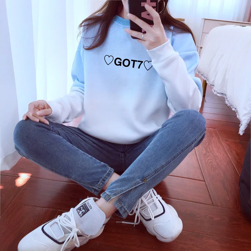 Kpop Got7 толстовка с сердцами для женщин Ulzzang градиентные буквы вырез лодочкой Толстовка Got 7 поклонников модный спортивный костюм Джемпер дропшиппинг