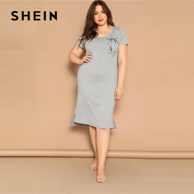 SHEIN Plus Size Grey Dot Bow Print Slit Hem Marled Night Dresses Women